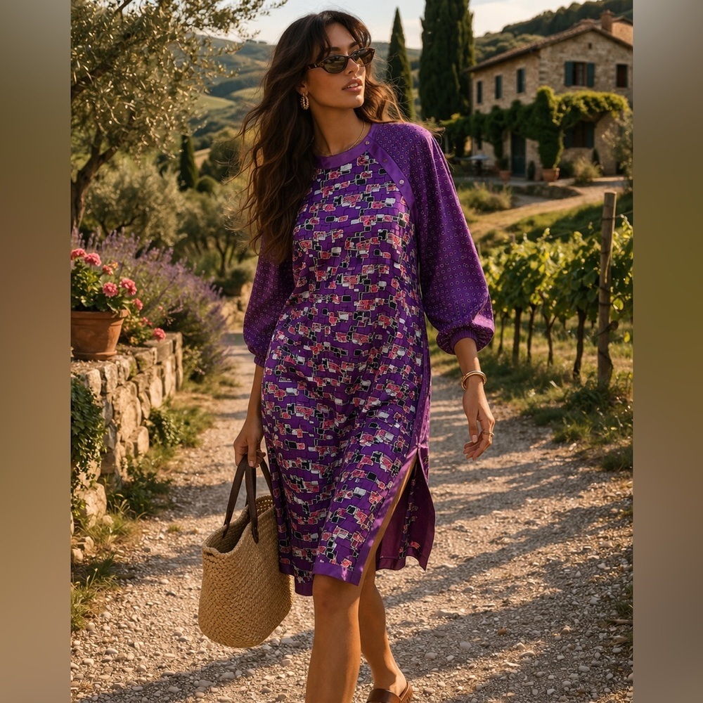 Vintage Diane Freis Silk Dress Purple Geometric Print Midi Dress Chic Luxury